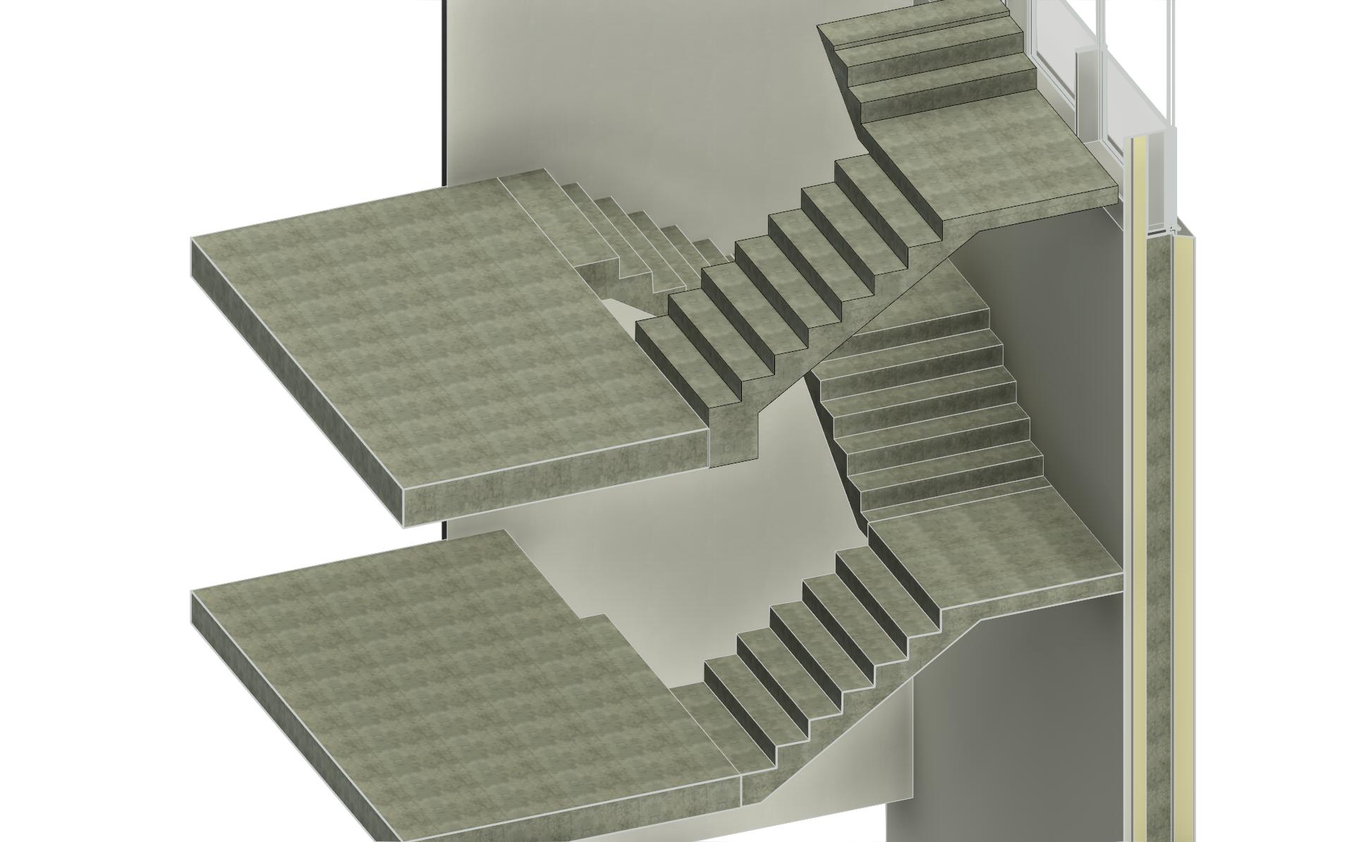 BIM illustration of a staircase connecting two floors inside a building with grey walls and floors in Vancouver, British Columbia.